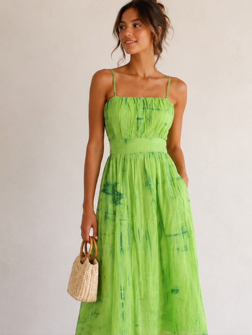 Green Tie-Dye Midi Dress with Smocked Waist